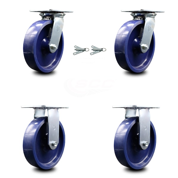 8 Inch Solid Poly Caster Set with Ball Bearing 2 Swivel Lock and 2 Rigid SCC